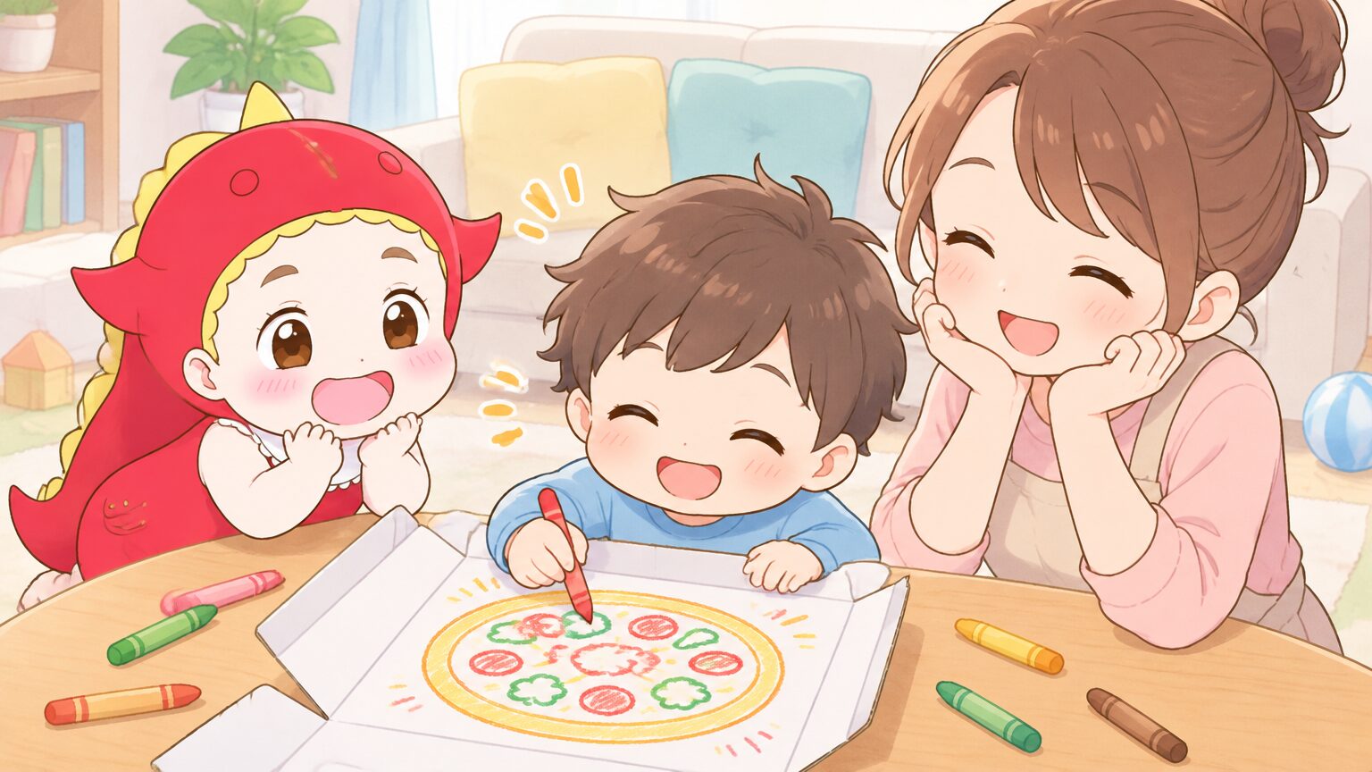 ピザの空き箱に、クレヨンでピザの絵を描いて楽しむ3歳の男の子と笑顔のママ