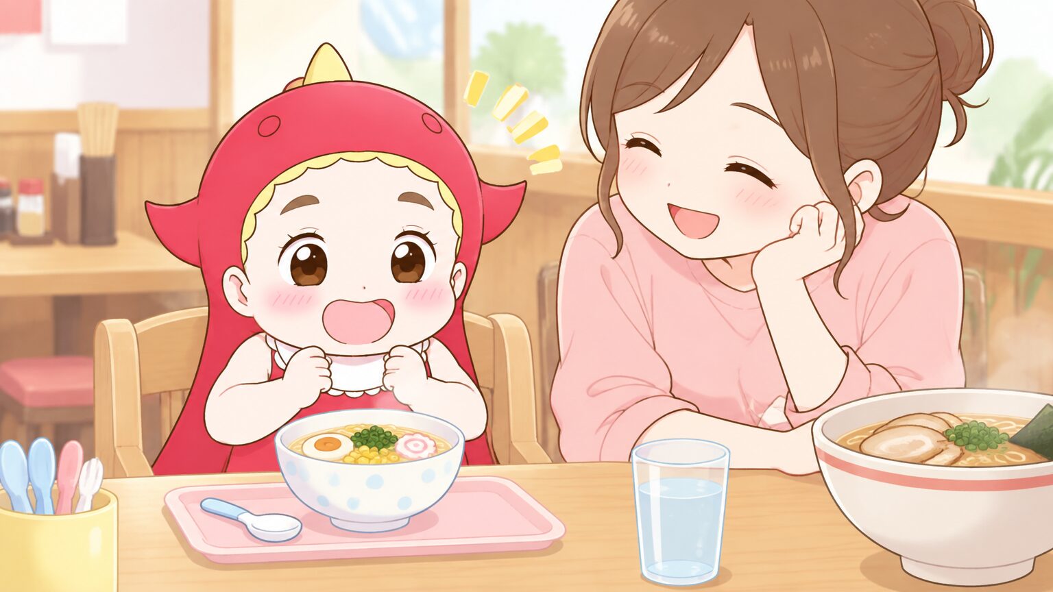 ラーメン店のテーブル席で、子ども用の椅子に座った2歳くらいの子どもが小さな器のラーメンをうれしそうに見つめ、隣で母親が笑顔で見守っている様子