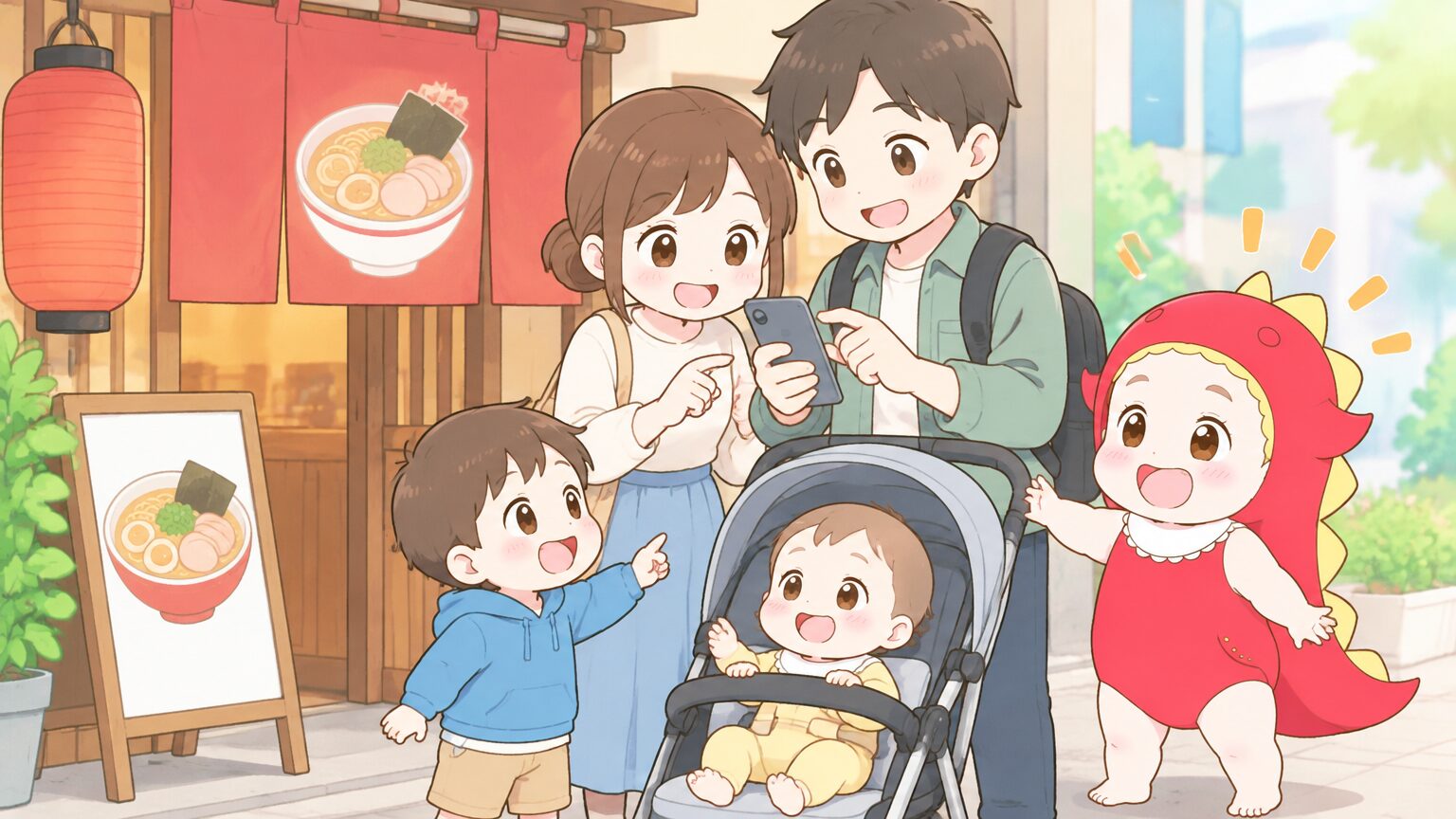 ラーメン店の入口前で、ベビーカーに乗った赤ちゃんと3歳くらいの男の子を連れた夫婦が、スマートフォンのアプリ画面を確認している様子