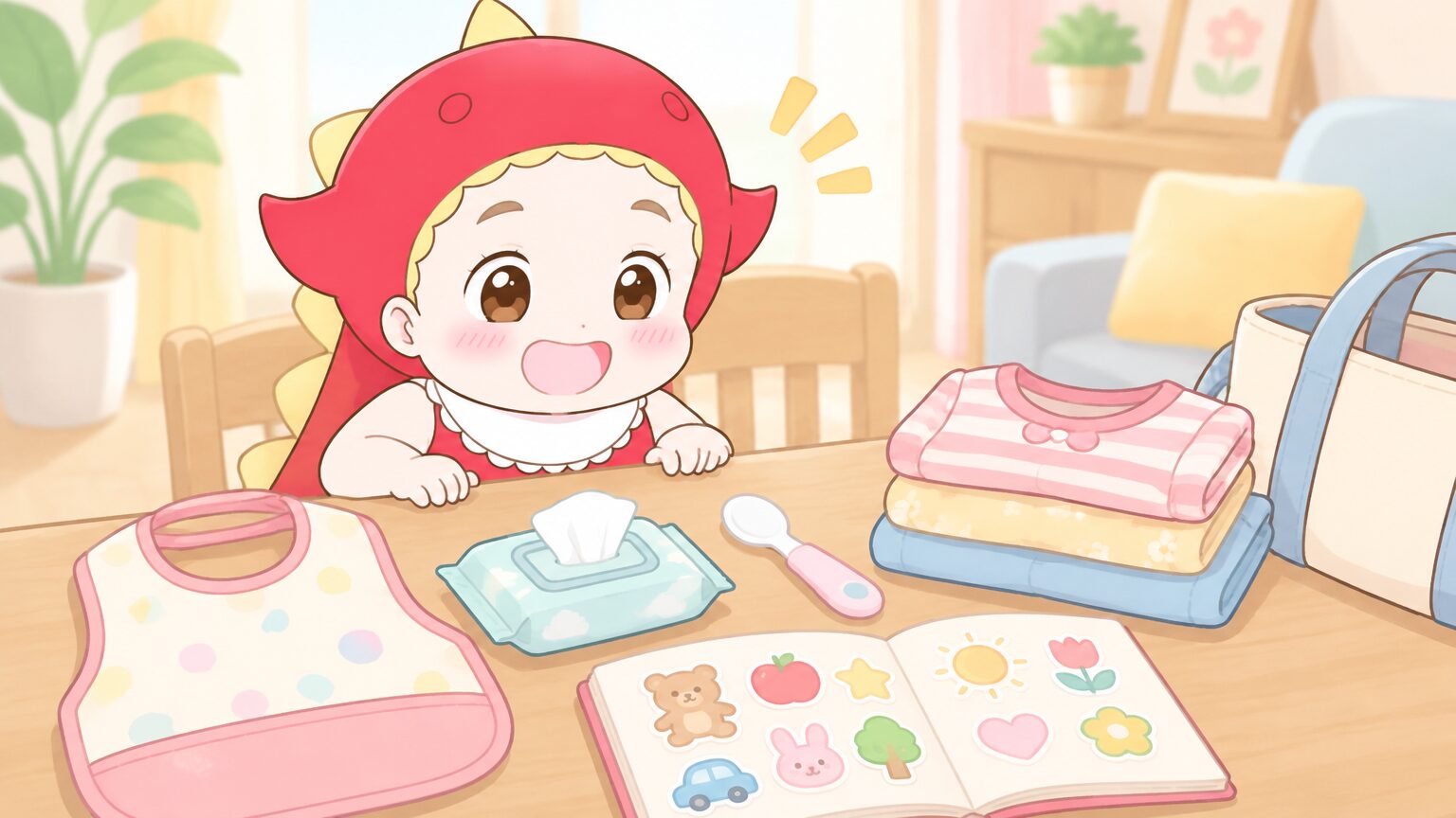 家のテーブルに子ども用エプロン、ウェットティッシュ、小さなスプーン、シール絵本、着替えが並べられた子連れ外出用の持ち物準備の風景