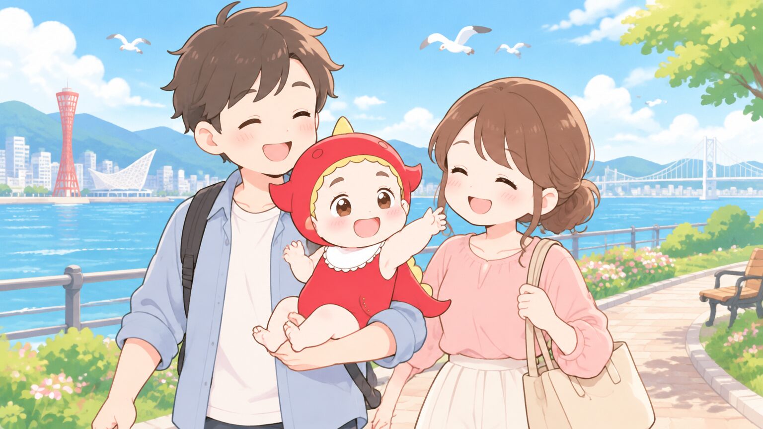 兵庫県の海沿いの公園で赤ちゃんを抱っこしながら笑顔で散歩する若い夫婦、晴れた青空