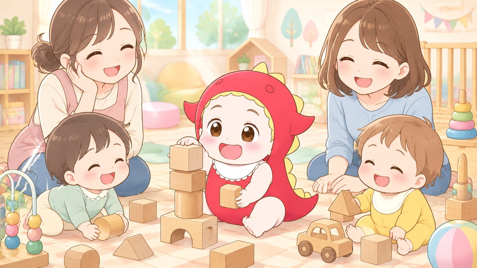 室内の子育て交流スペースで木のおもちゃで遊ぶ1歳くらいの赤ちゃんと見守るママたち