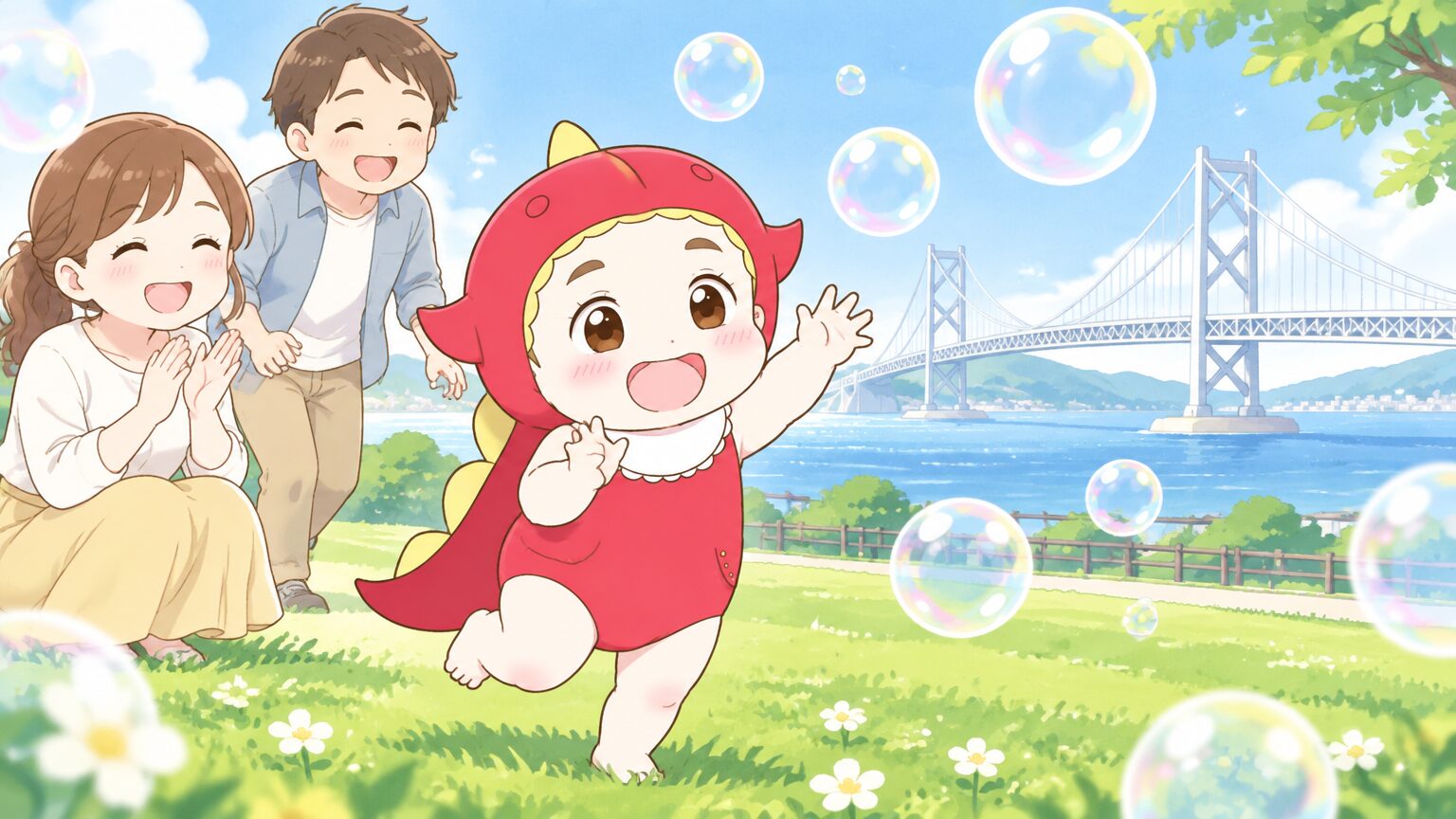 明石海峡大橋を背景に芝生の公園でシャボン玉を追いかける2歳くらいの子どもと家族