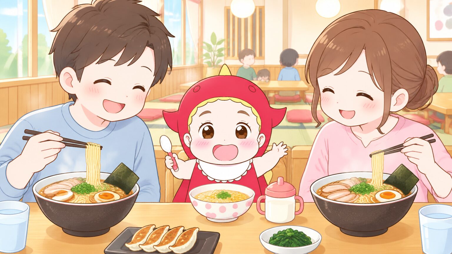 広々とした座敷席で、パパとママが1歳の子どもを間に座らせてラーメンの器を並べている、明るい店内の家族の様子