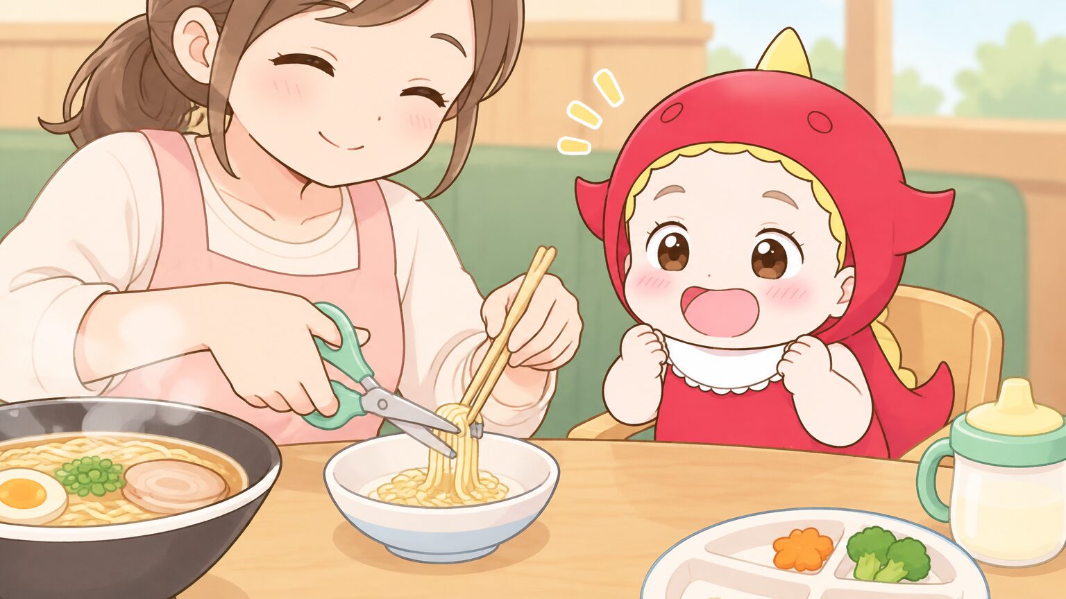 テーブルの上で、取り皿に少量のラーメンの麺を移し、麺切りハサミで短く切っているママの手元