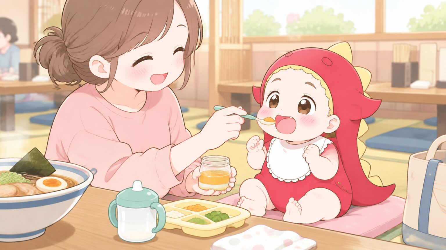 座敷席で、ママがベビー用の離乳食の瓶を取り出し、子ども用スプーンで赤ちゃんに食べさせている穏やかな場面