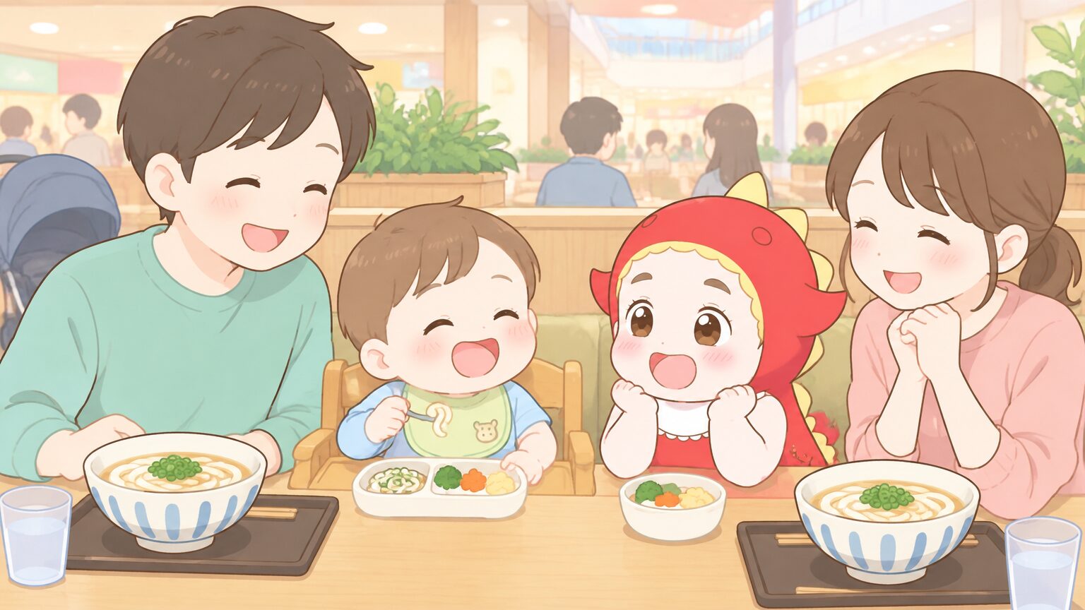 ショッピングモール内のうどん店で、ベビーチェアに座った1歳の男の子と笑顔で見守る両親のテーブル席の様子