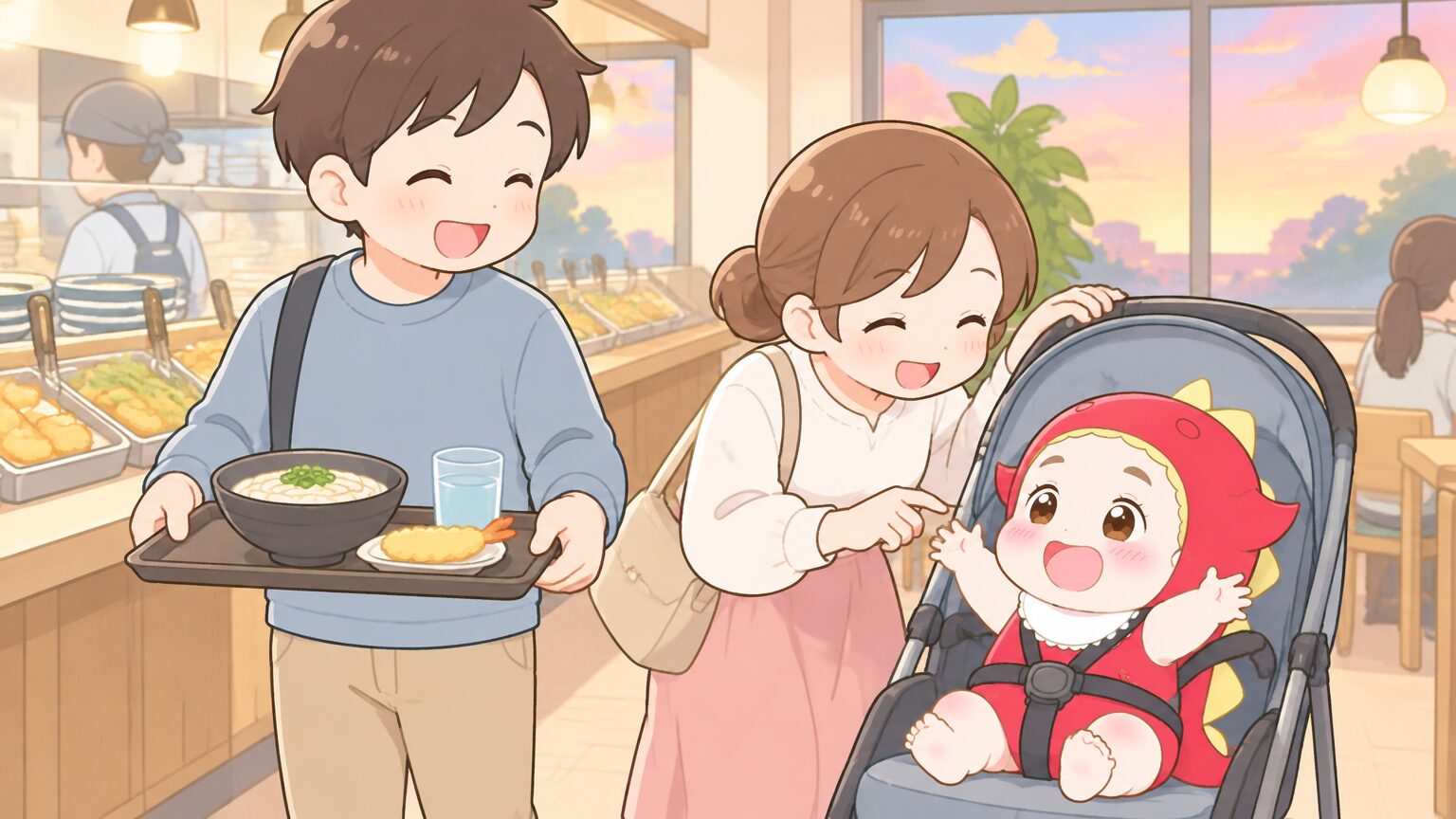 セルフ式のうどん店で、パパがトレーを運びながらママがベビーカーの横で子どもに声をかけている夕方の家族の様子