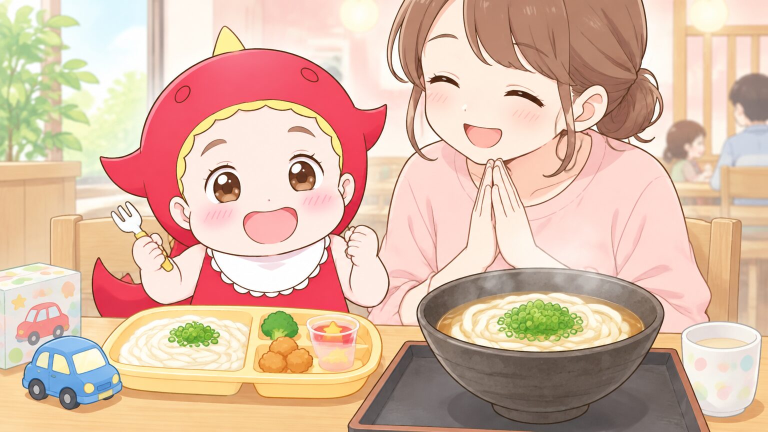 テーブルに並んだかけうどんと、おもちゃ付きのお子さま向けセットを前に笑顔の2歳の女の子と母親
