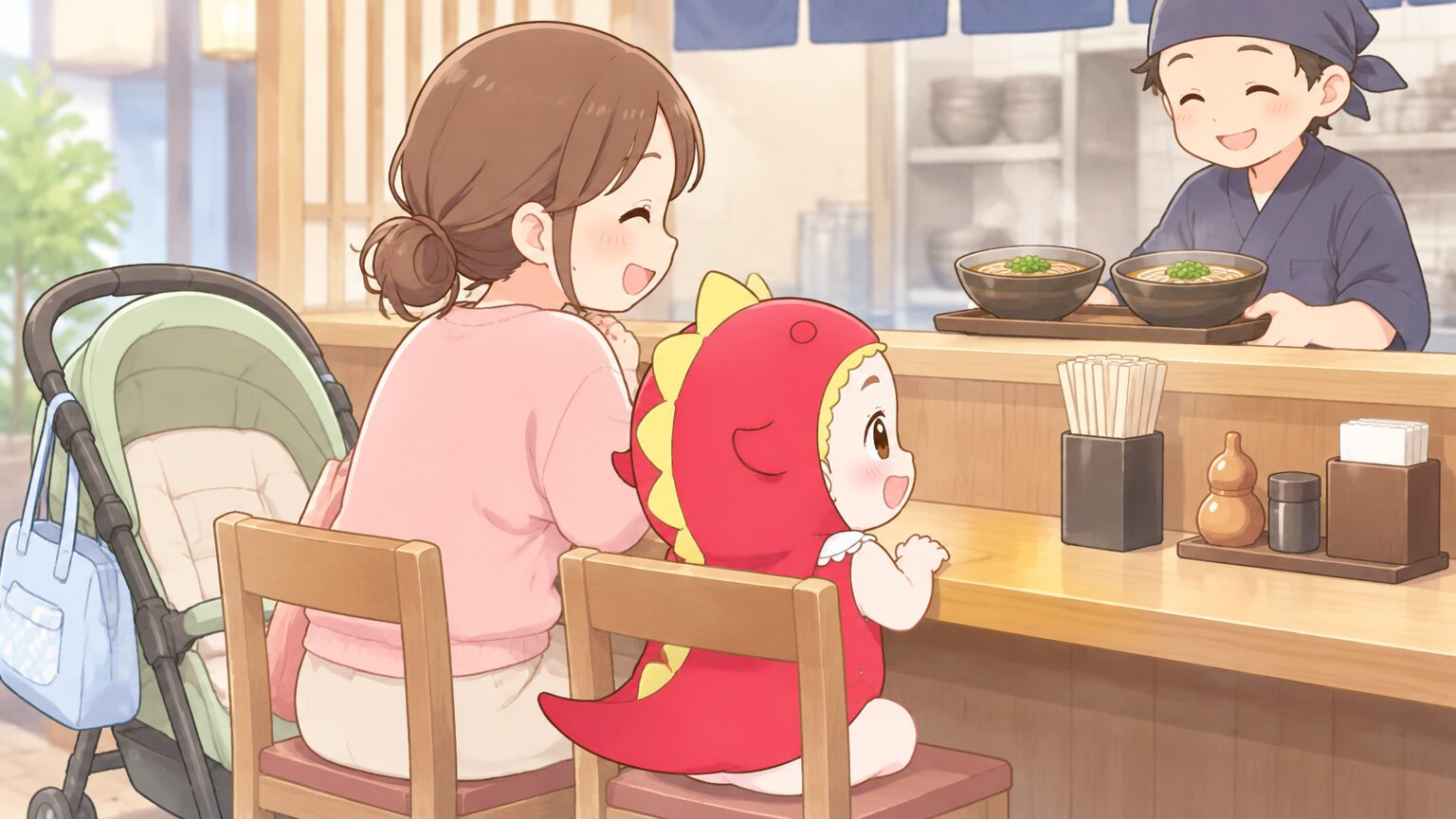 駅前のそば店のカウンター席で、ベビーカーを横に置き小さな子どもと並んで温かいそばを待つ母親の様子