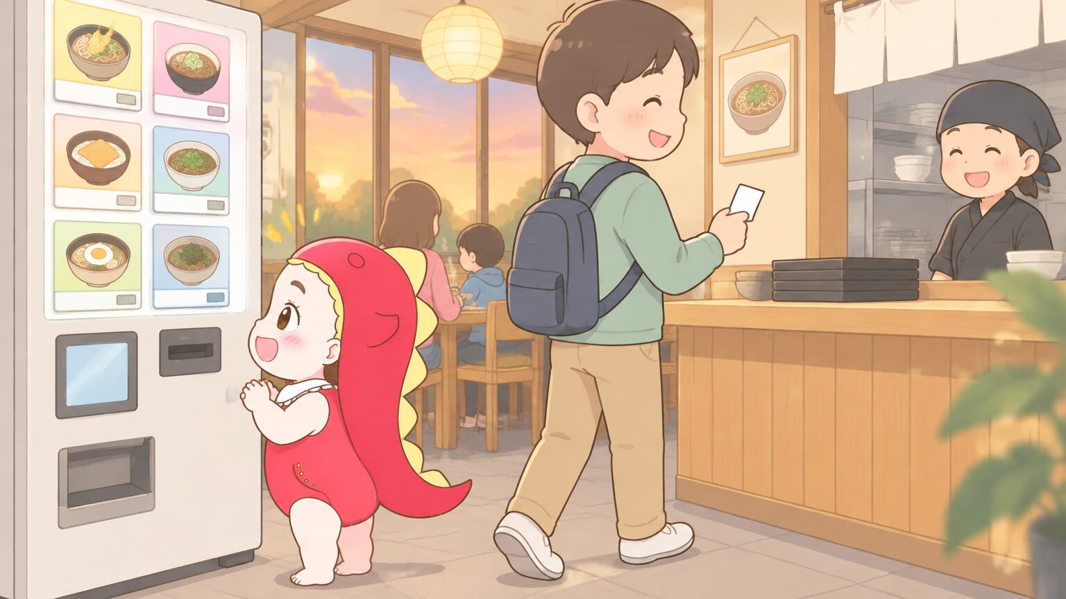 食券を持ってカウンターへ向かう父親と、そのそばで小さな子どもが券売機を見上げている夕方のそば店