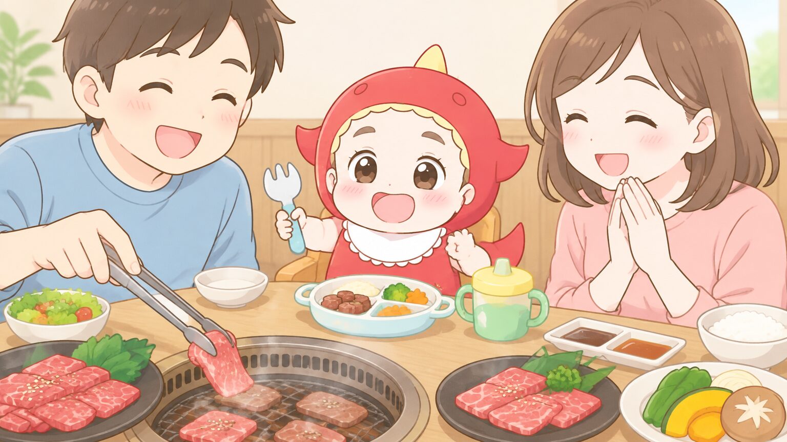 木目のテーブルに置かれた焼肉の皿と、子ども用の小さな食器を前に笑顔で座る1歳の男の子と両親の温かい家庭の食卓