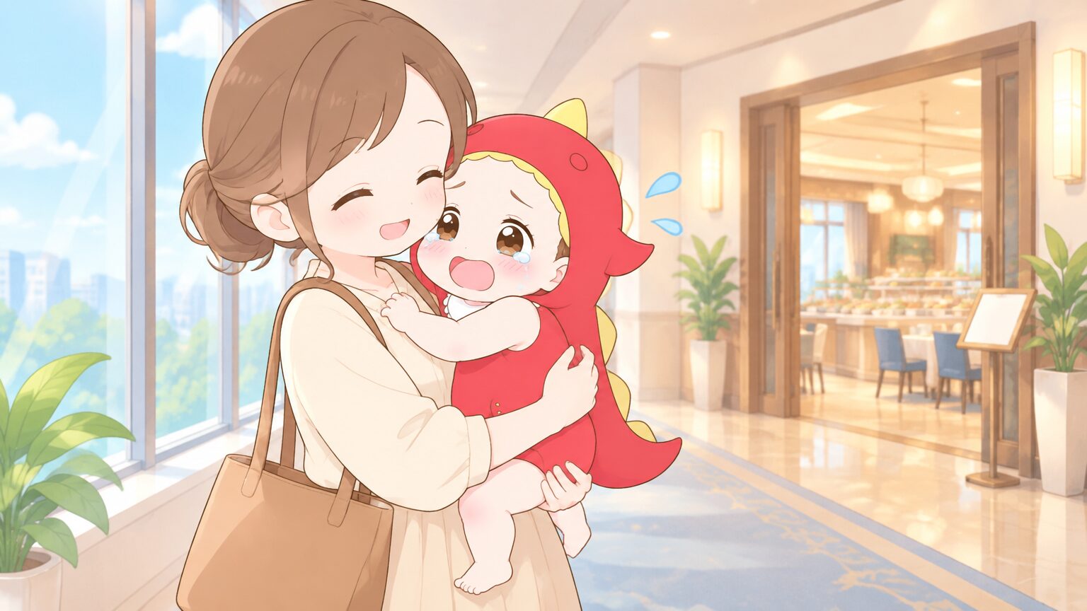 ホテルの廊下の窓辺で、泣きそうな2歳の女の子を優しく抱き上げてあやす母親と、背景にレストランの入口が見える穏やかな場面