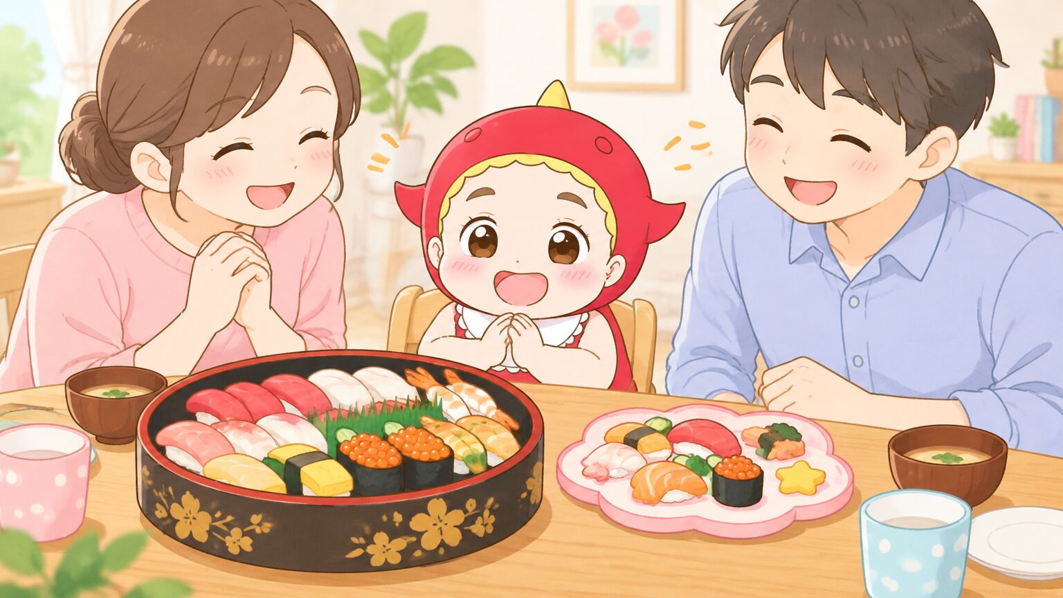 木のテーブルに届いたばかりの宅配寿司の桶とキッズ用の寿司プレートを並べ、笑顔で見つめる幼児と両親の温かい食卓