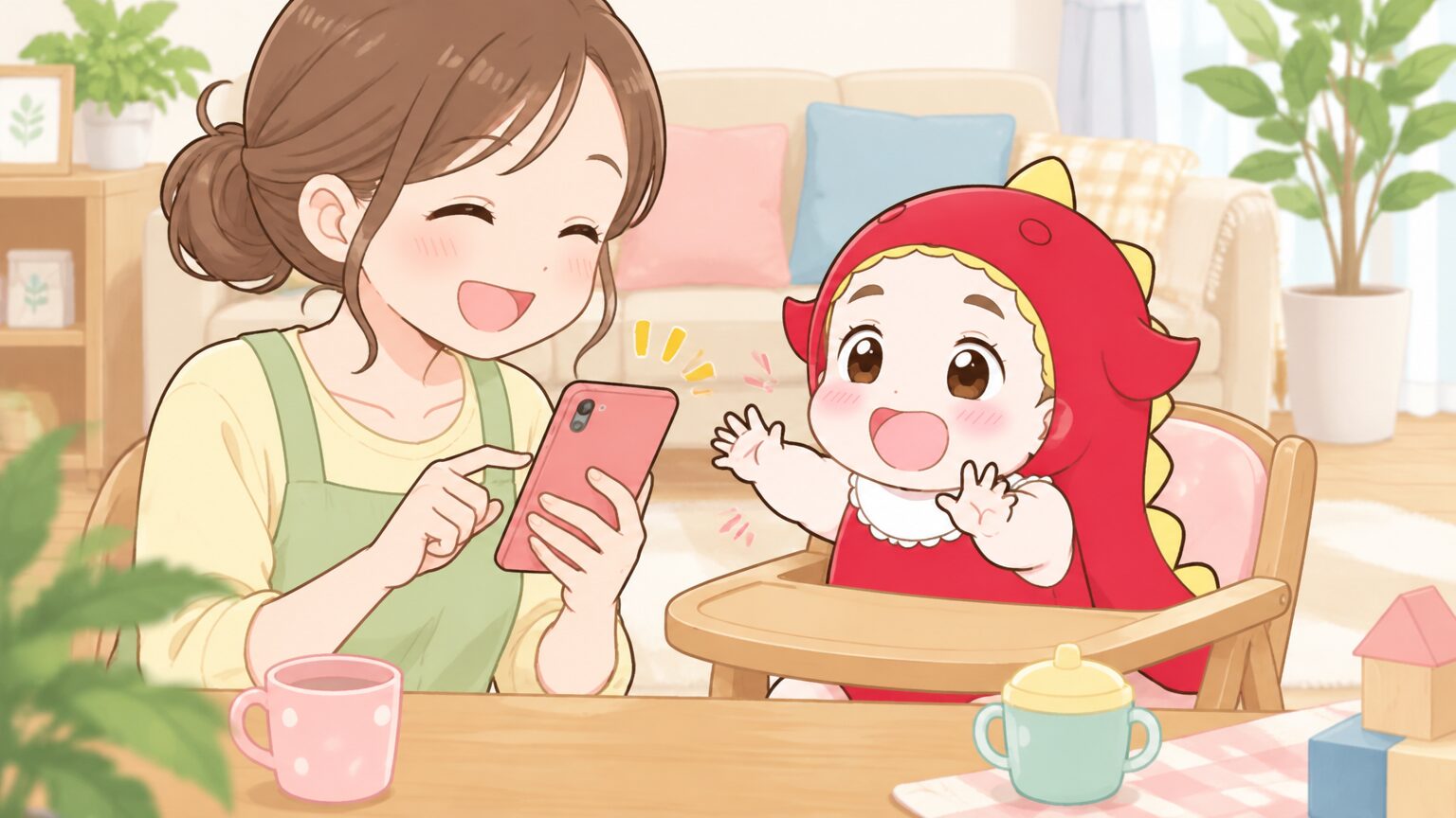 自宅のリビングでスマートフォンの注文画面を見ながら、ベビーチェアに座った赤ちゃんをあやすママの手元