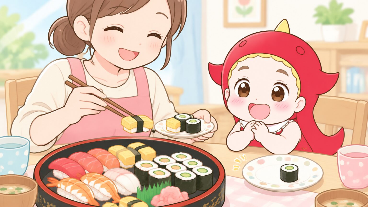 食卓に並べた寿司の中から玉子やきゅうり巻きだけを小さな取り皿に分けている母親の手元