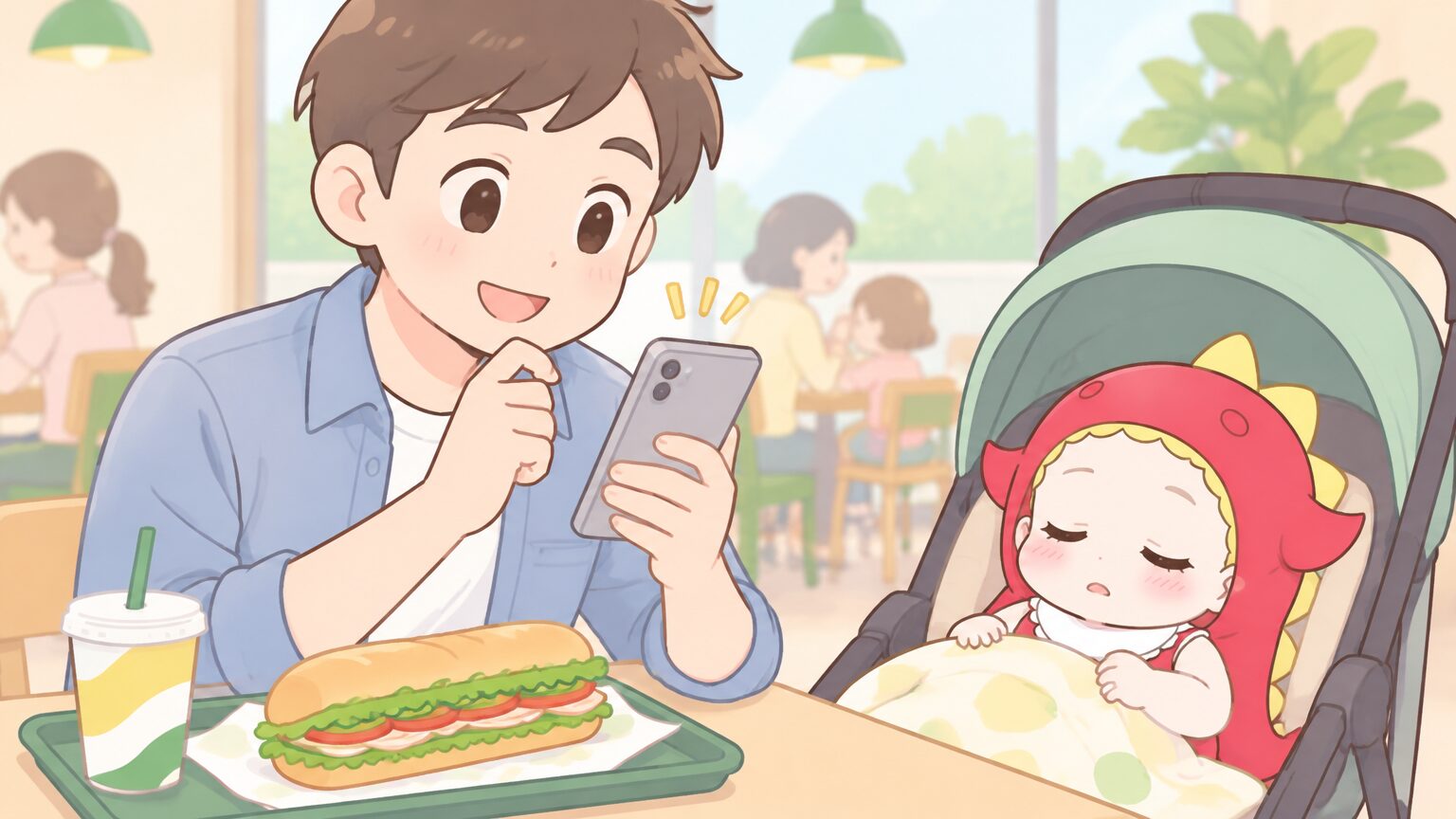 スマートフォンでサブウェイのアレルゲン情報の一覧表を確認している父親の手元と、隣のベビーカーで眠る赤ちゃん