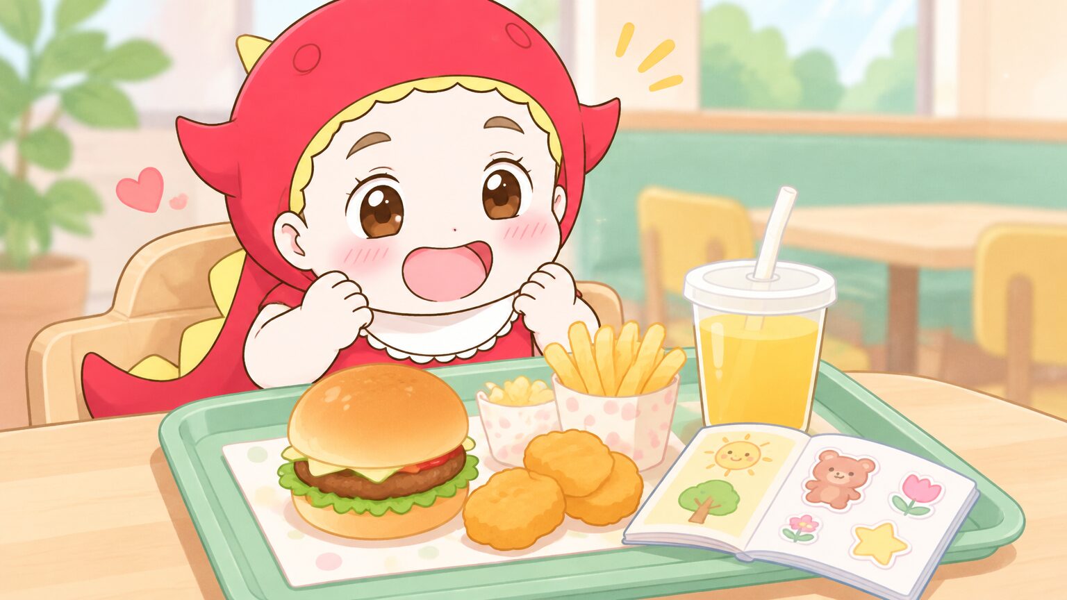 フレッシュネスバーガーのキッズセットのトレー。小さなバーガーとポテト、ナゲット、ジュース、おまけの絵本シールが並んでいる