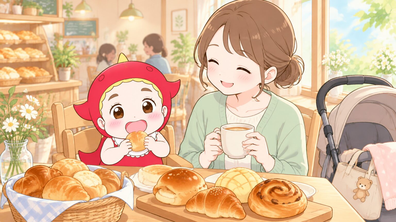 木のテーブルに焼きたてのパンが並び、窓辺の席でベビーカーを横に置いて微笑む母親と1歳の子ども