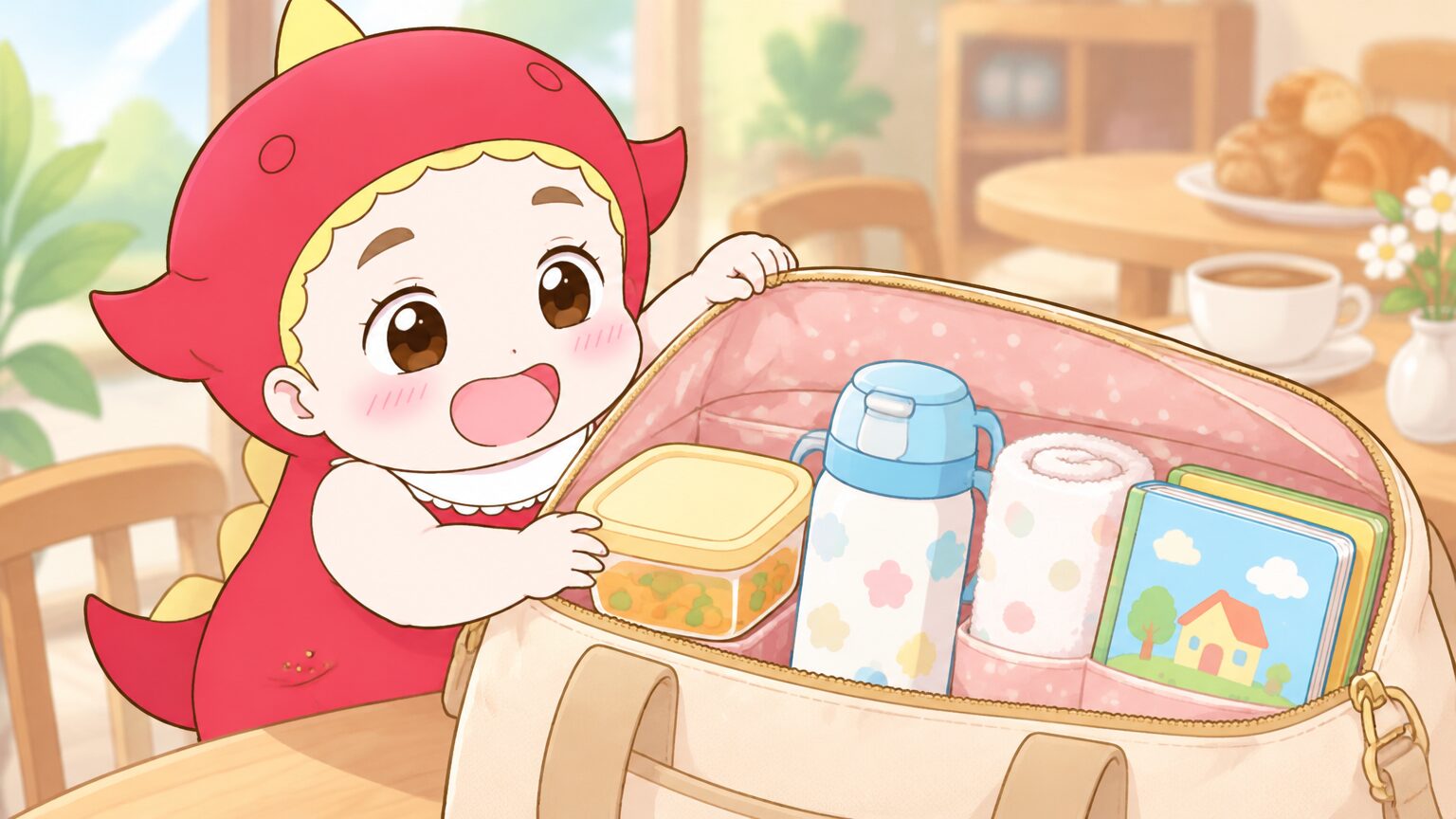 ベビーフードの容器、ミルク用の水筒、おしぼり、小さな絵本が整然と入った子連れ用のマザーズバッグの中身