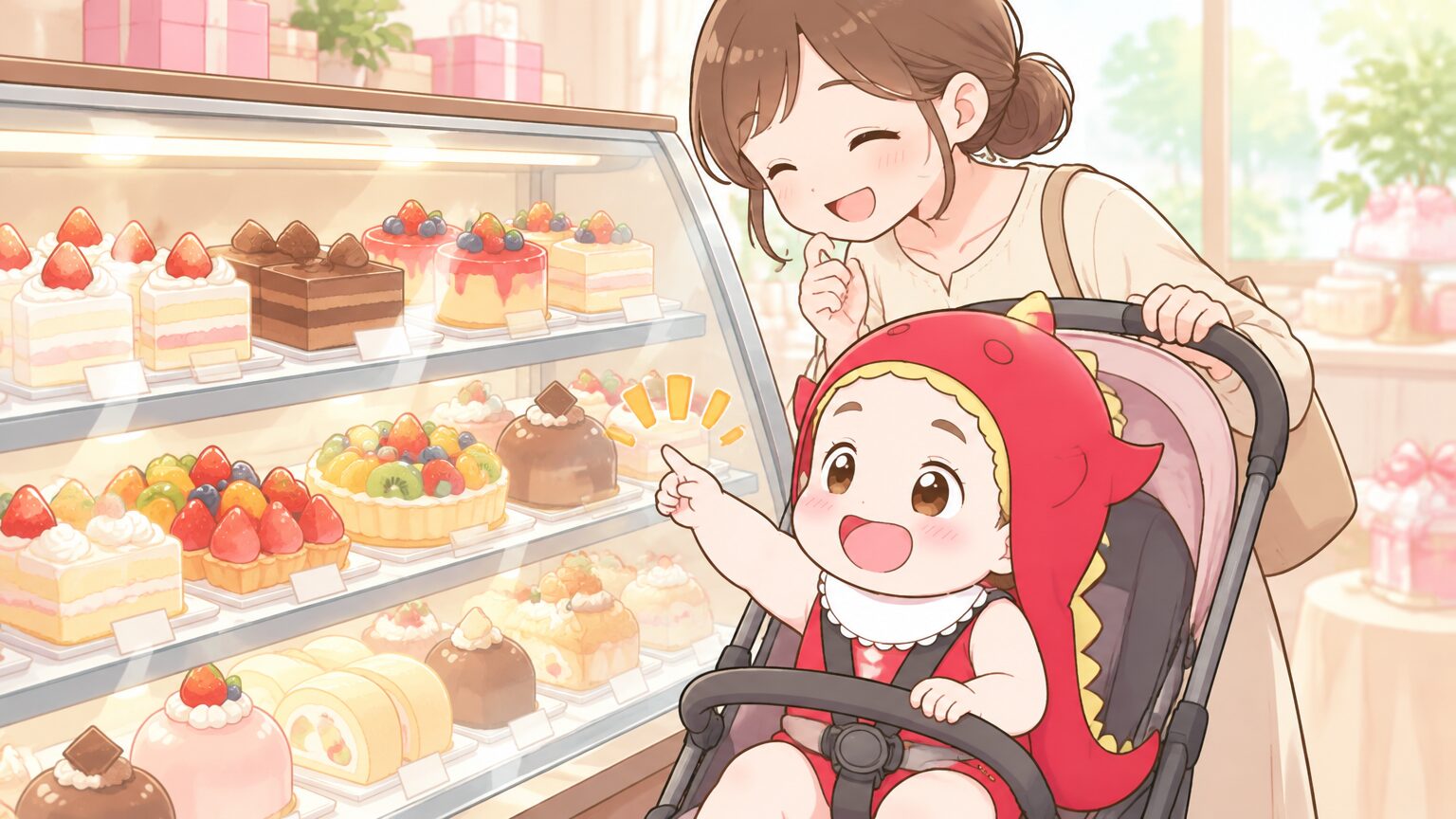 ケーキショーケースの前でベビーカーを止め、ケーキを選ぶ30代の母親と指をさす1歳の子ども