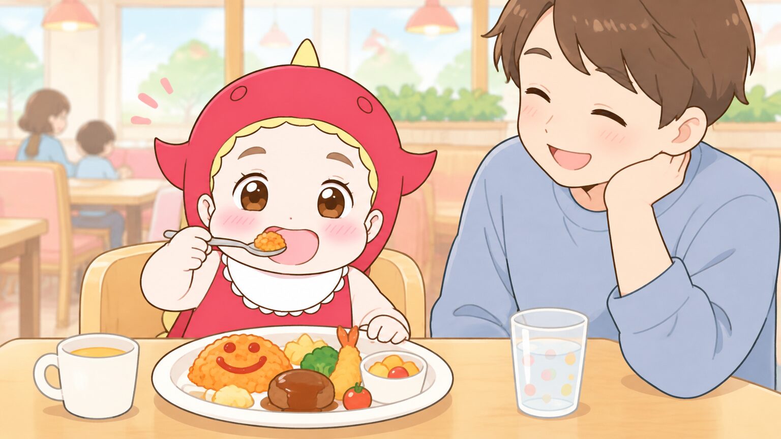 不二家レストランのテーブル席で、ペコちゃんのお皿のお子様ランチをスプーンで食べる2歳児と見守る父親