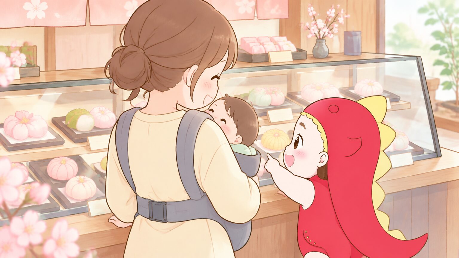 和菓子店のショーケースの前で、抱っこひもの赤ちゃんと一緒に季節の練り切りを眺める母親の後ろ姿