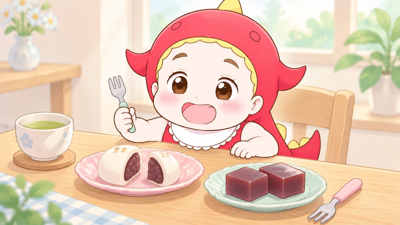 木のテーブルの上に、小さく切り分けた蒸しまんじゅうと水ようかんを小皿に盛り、フォークを添えた様子