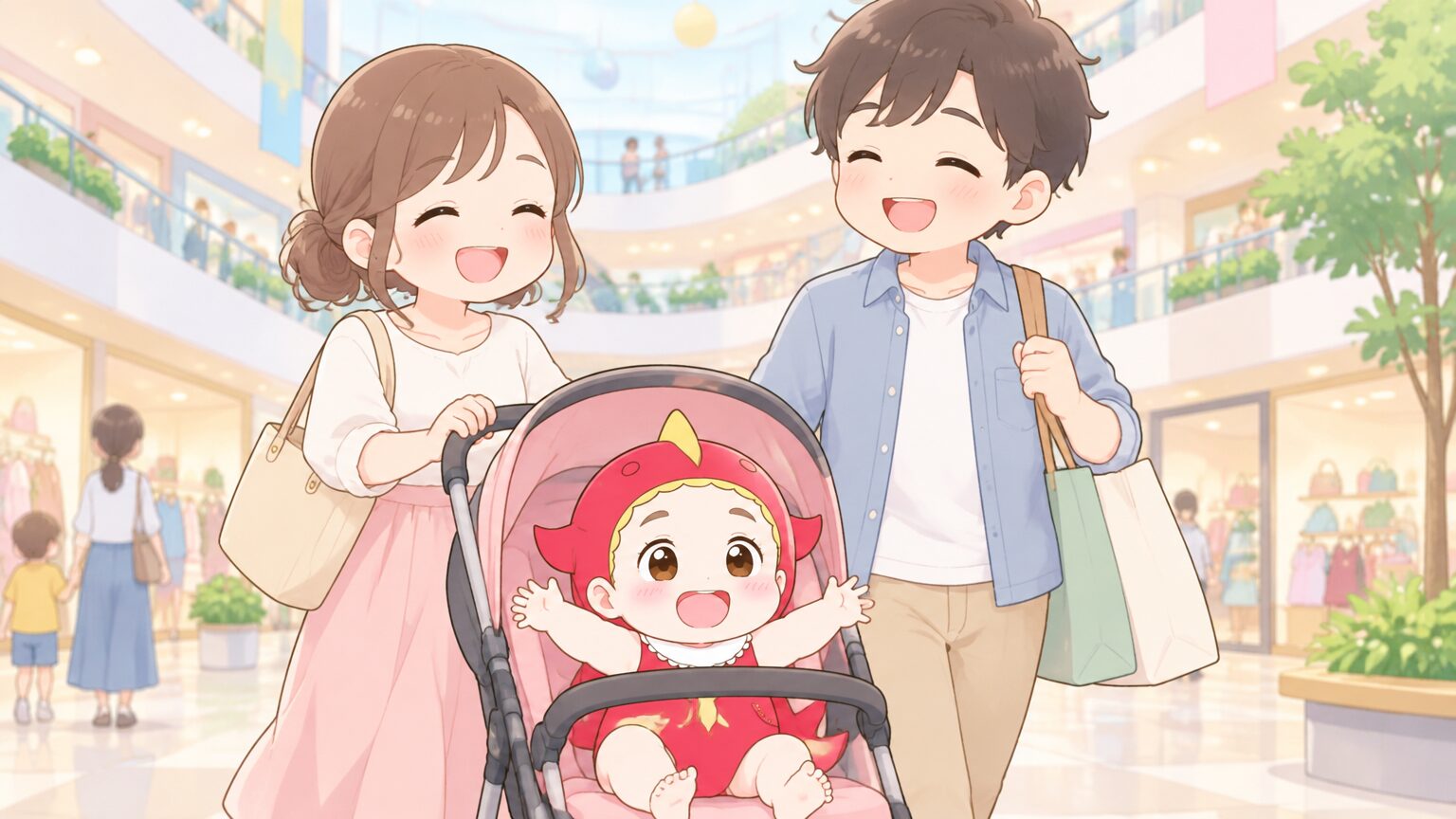 明るいショッピングモールの吹き抜けを、ベビーカーを押しながら笑顔で歩く若いママとパパ