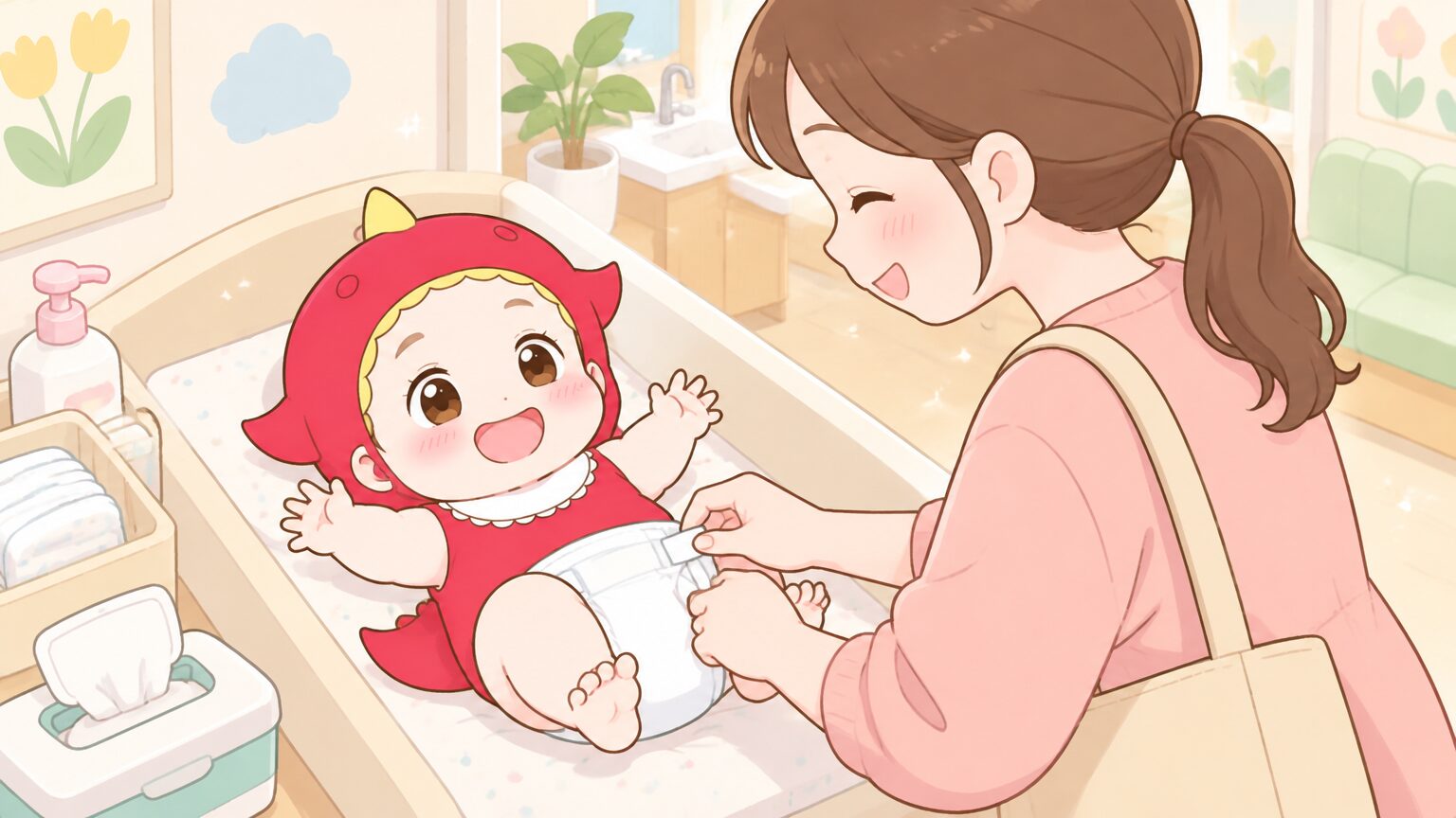清潔で明るいベビー休憩室でおむつ交換台に赤ちゃんを寝かせて世話をするママの手元