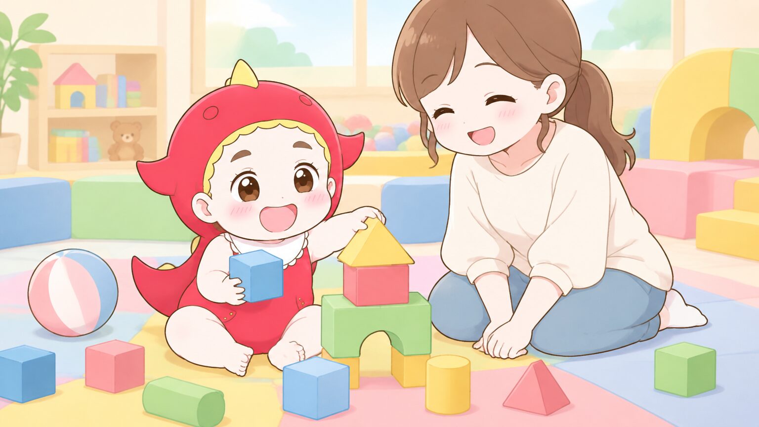 屋内のやわらかなマットの上で、1歳くらいの子どもがカラフルなブロックで遊ぶ様子と見守るママ
