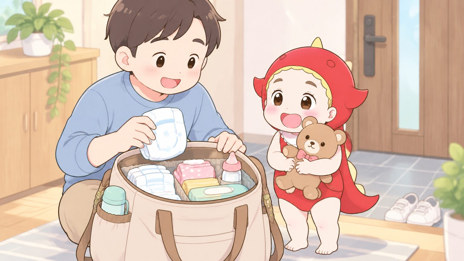 玄関先で、おむつや着替え、哺乳瓶などを整理したマザーズバッグの中身を確認するパパと、隣でぬいぐるみを持つ2歳の女の子