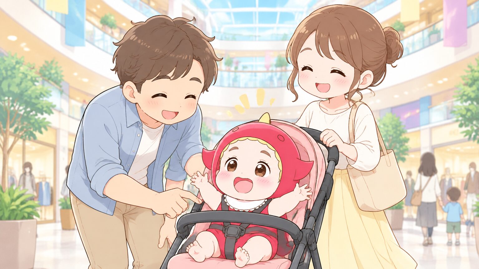 明るいショッピングモールの吹き抜けで、ベビーカーを押しながら笑顔で歩く若い母親と、隣でベビーカーをのぞき込む父親