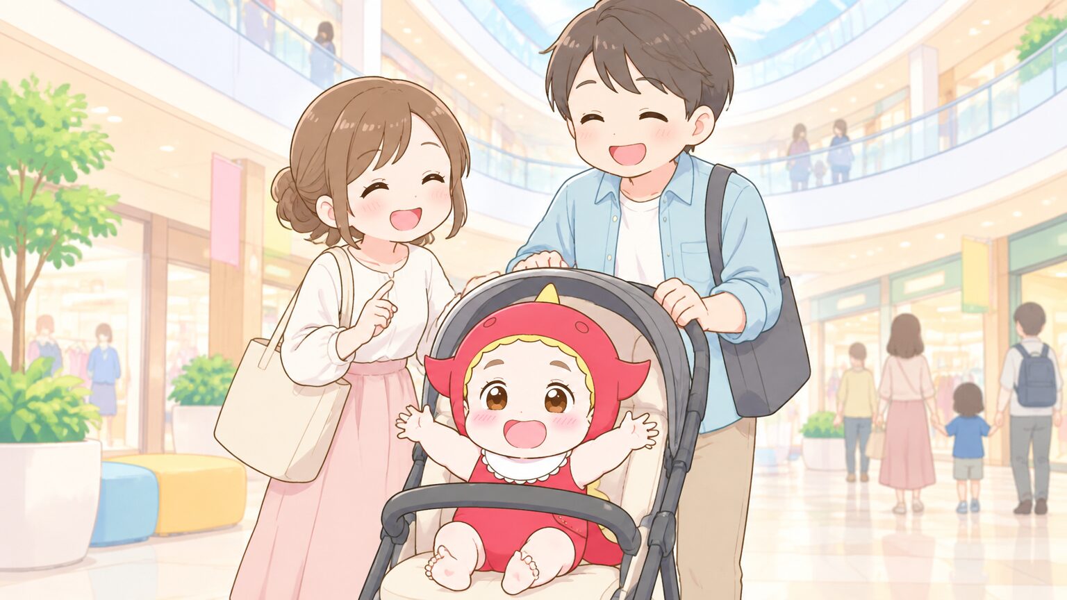 ショッピングモールの明るい吹き抜けをベビーカーでゆっくり進む若いパパとママ、笑顔の赤ちゃん