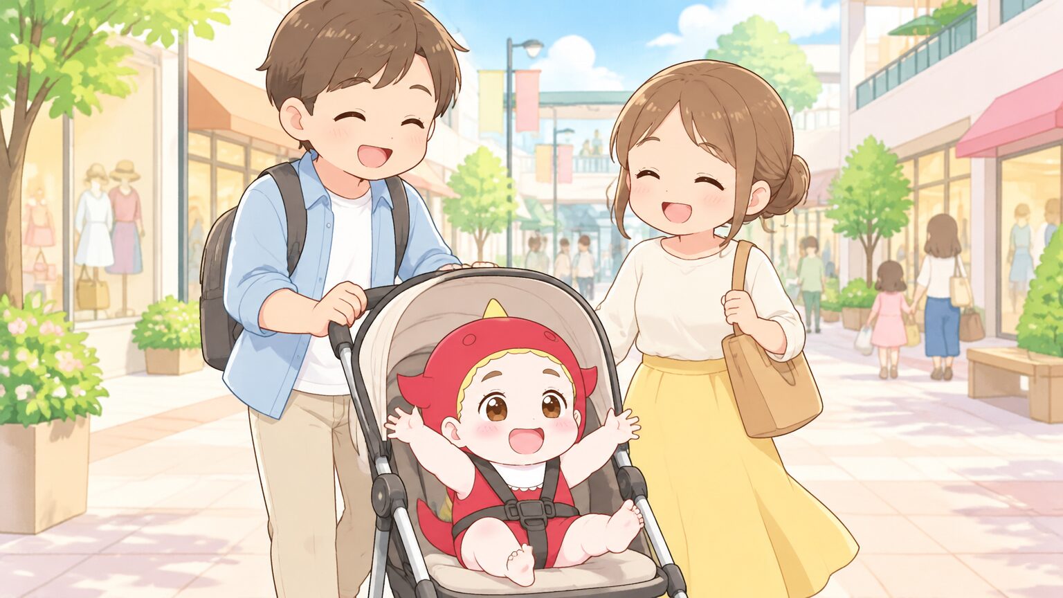 開放的なアウトレットモールの通路をベビーカーを押して歩く、笑顔の若い夫婦と小さな赤ちゃん