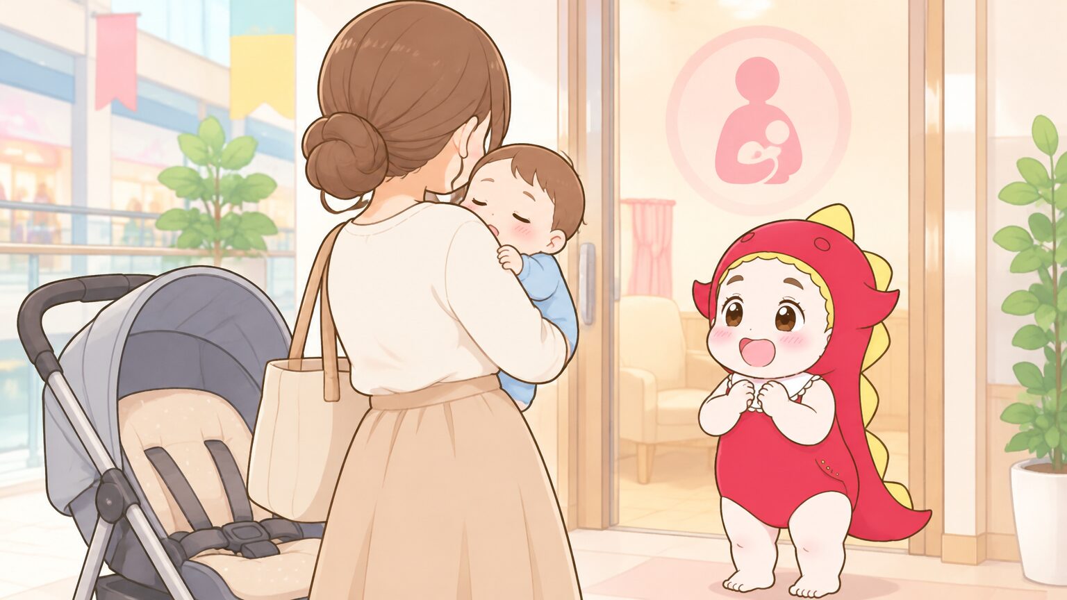 授乳室の前でベビーカーから眠った赤ちゃんをそっと抱き上げるママの後ろ姿