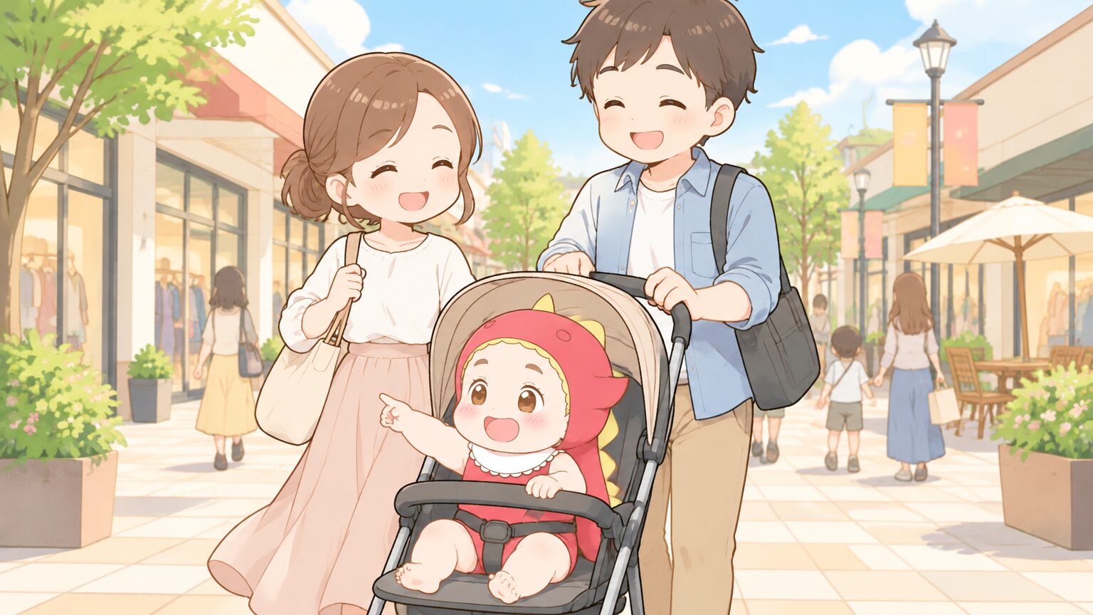 開放的なアウトレットモールの通りをベビーカーを押しながら歩く30代の夫婦と、ベビーカーから外を眺める1歳の子ども。晴れた日の穏やかな雰囲気
