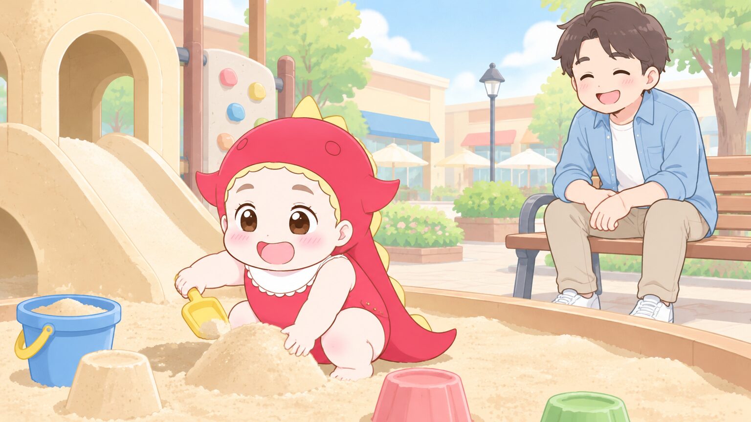 屋外のキッズパークで砂色の遊具に夢中になる2歳くらいの子どもと、ベンチから見守るパパ