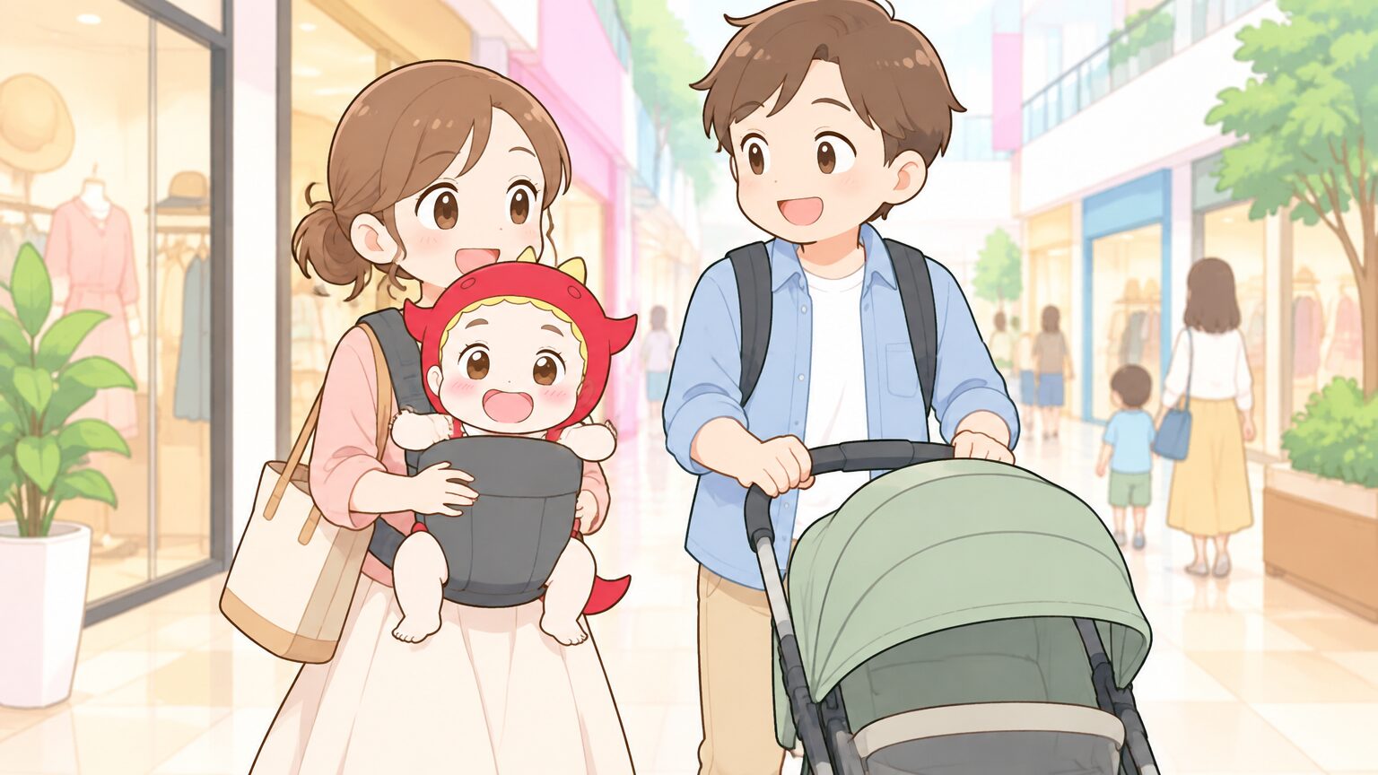 抱っこ紐で赤ちゃんを抱いた母親が、貸出用ベビーカーを押す父親と一緒にモールの通路を歩いている様子