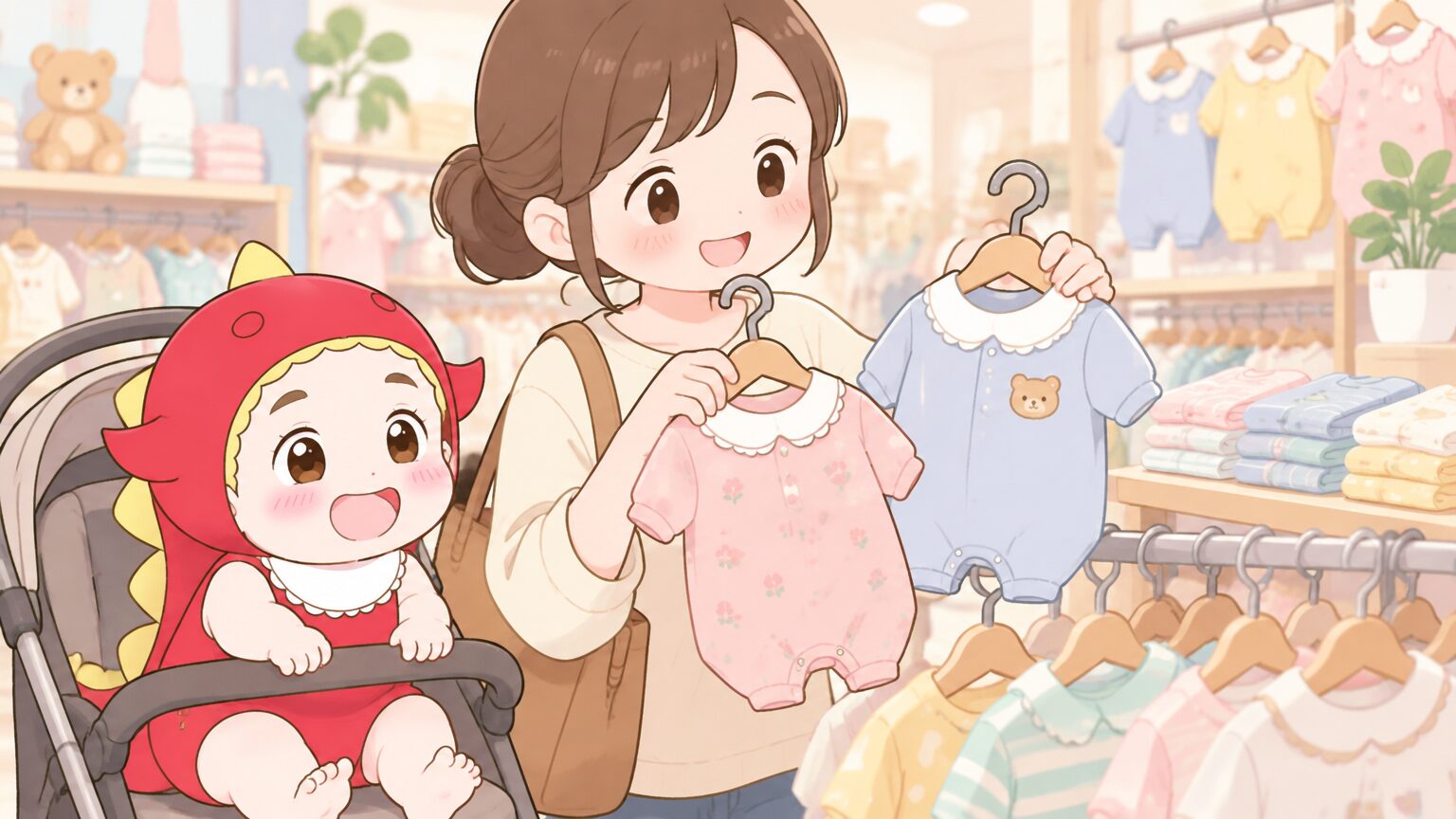ベビー服売り場で小さなロンパースを手に取り、サイズを見比べる母親の手元。店内の明るく穏やかな雰囲気