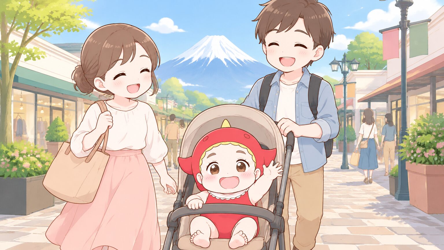 富士山を背景にした石畳の通路をベビーカーで進む若い夫婦と、笑顔でこちらを見る赤ちゃん