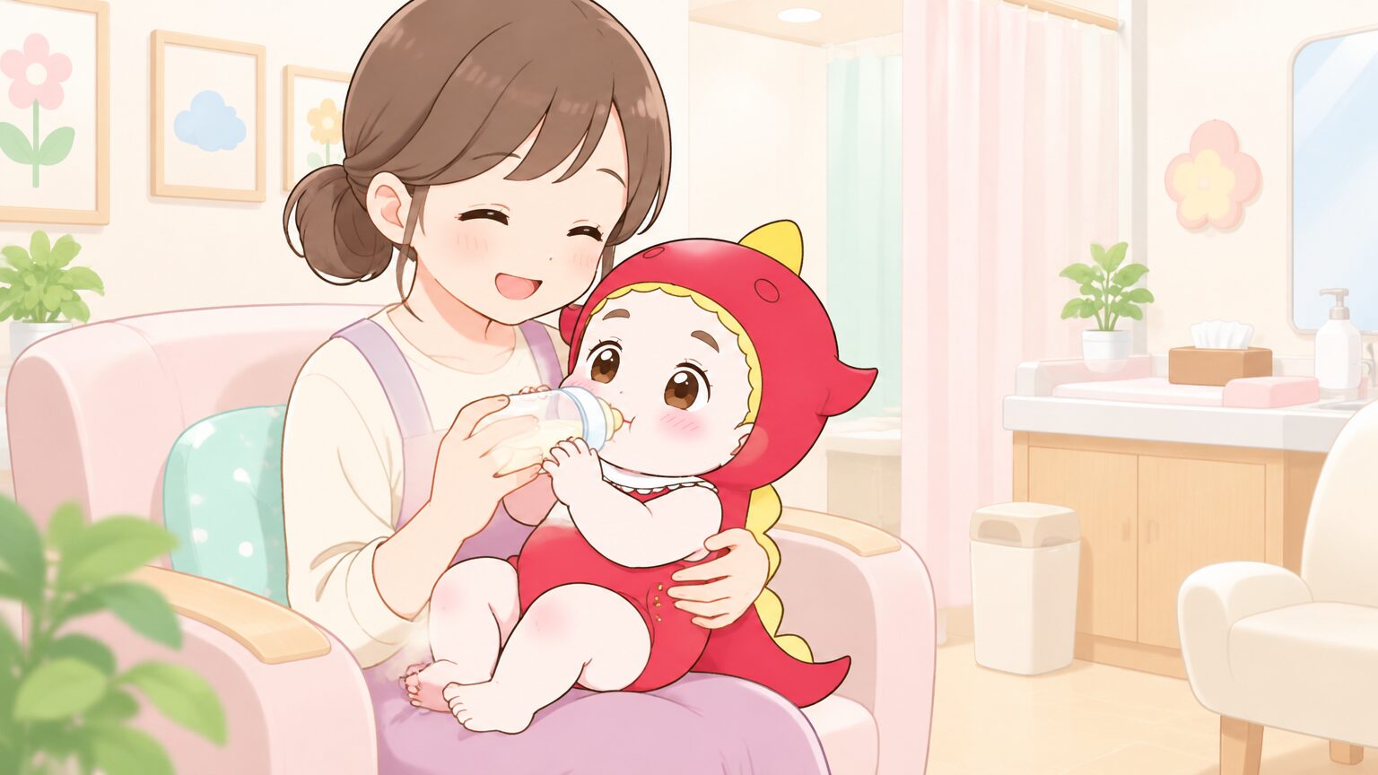 清潔で明るい授乳室で、ママが赤ちゃんにミルクを飲ませている穏やかな様子