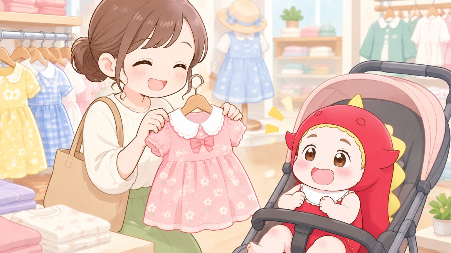 子ども服売り場で小さなワンピースを手に取り、笑顔で選ぶお母さんとベビーカーの中の幼児