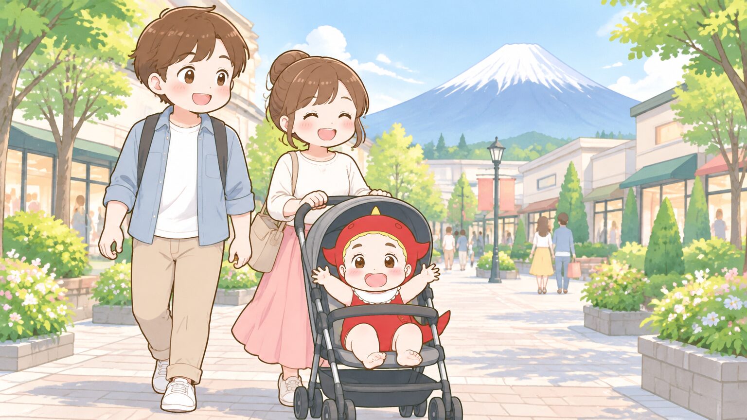 緑に囲まれた広い通路をベビーカーを押して歩く若い夫婦と、遠くに見える富士山