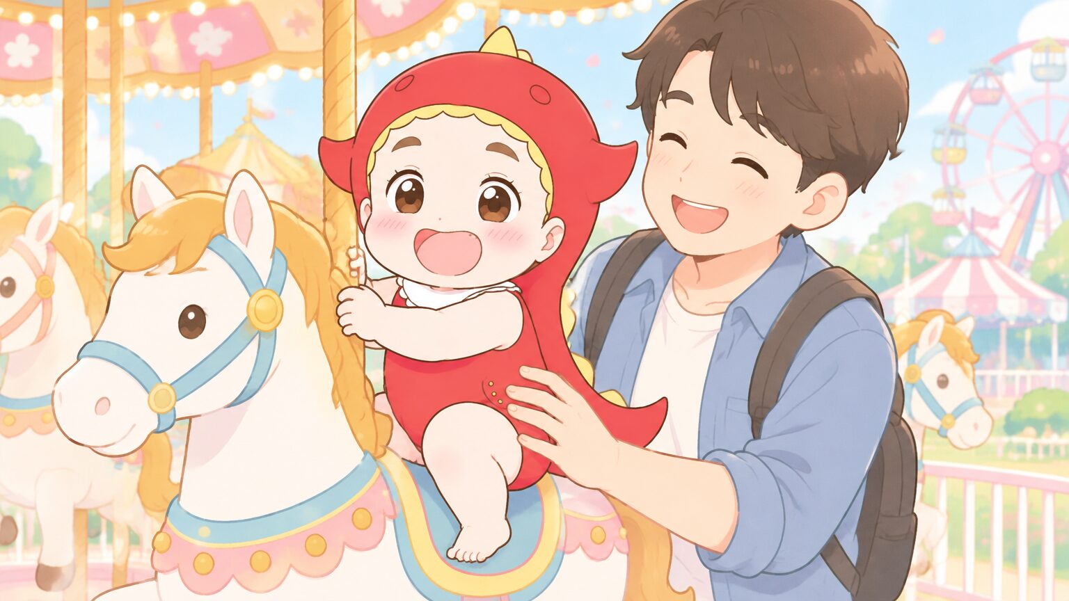 1歳半ほどの男の子がメリーゴーラウンドの馬に乗り、隣でパパが支えながら笑っている様子