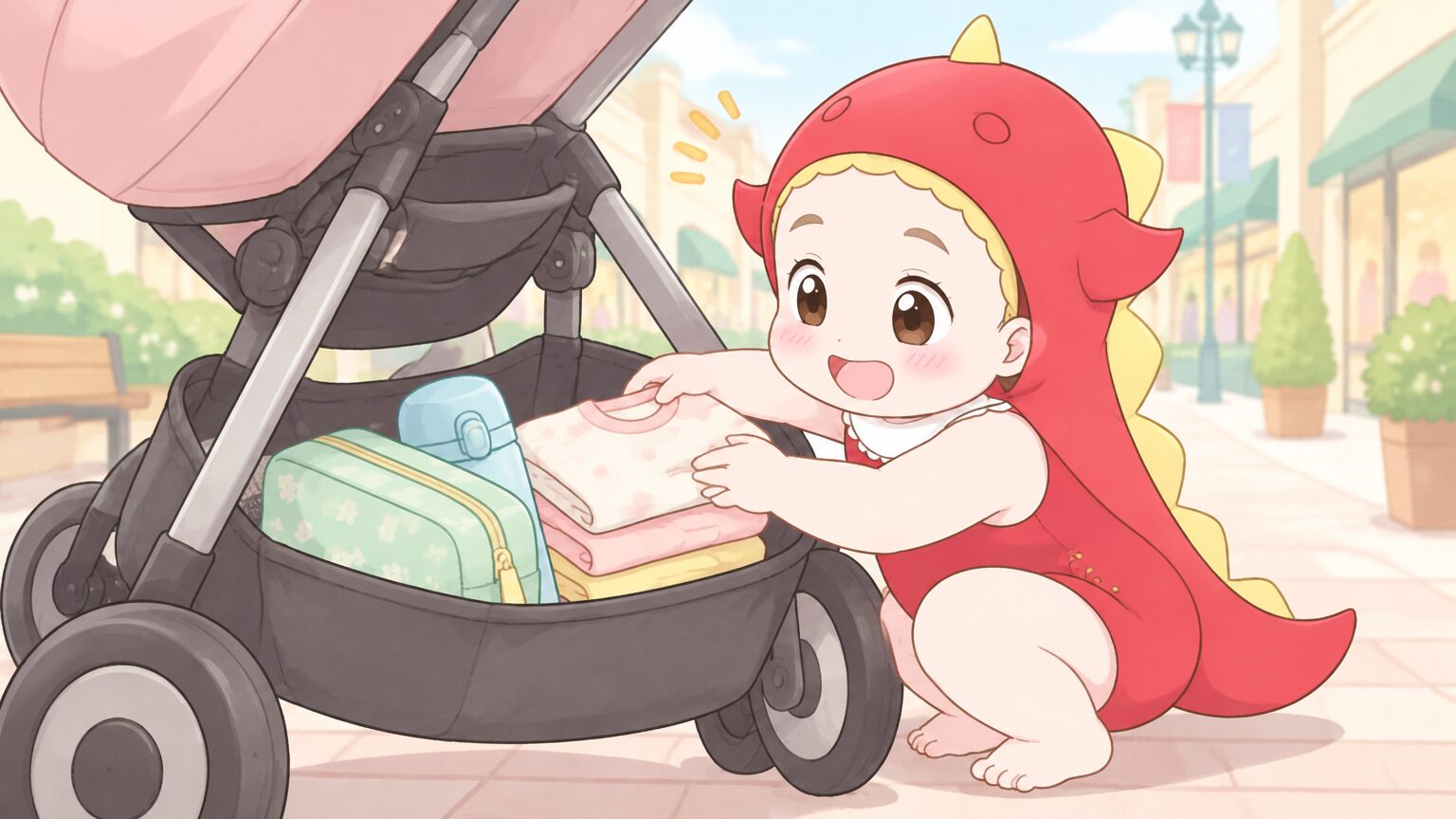 ベビーカーの下のカゴに子ども用の着替えとおむつポーチ、水筒を整理して入れている手元