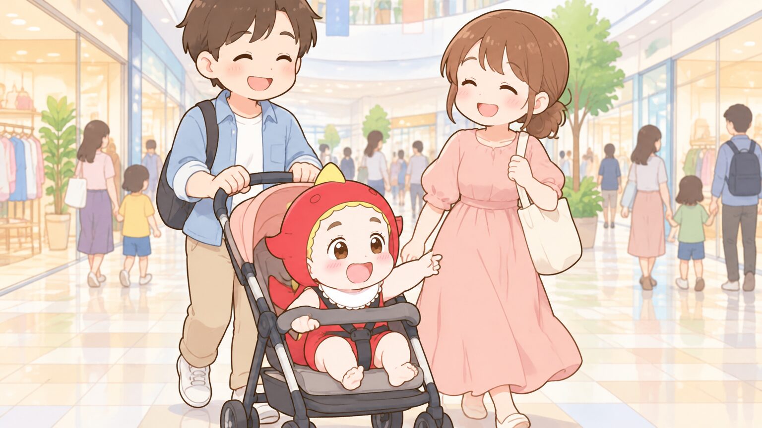 休日の昼前、広いモールの通路でベビーカーを押しながら笑顔で歩く両親と、ベビーカーから外を眺める1歳くらいの赤ちゃん