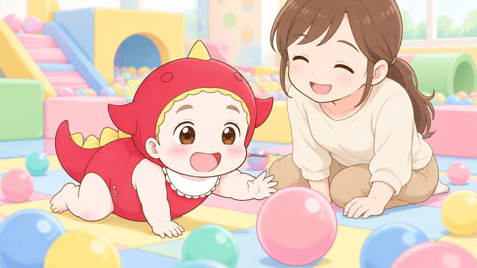 屋内遊び場のふかふかしたマットの上で、ボールに手を伸ばして笑う1歳の赤ちゃんと、隣で見守るママ