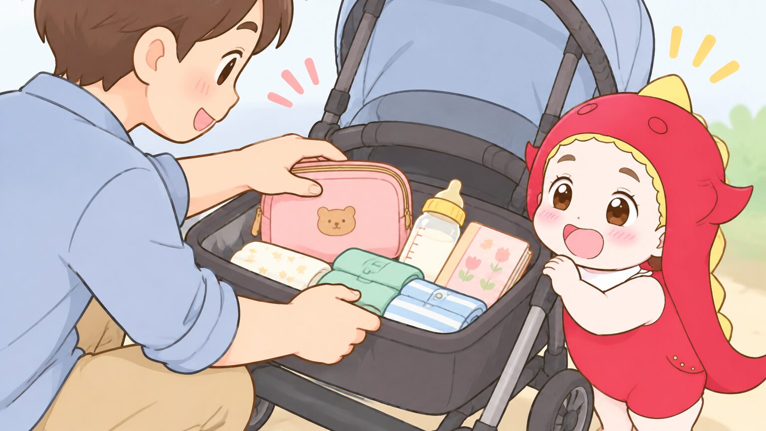 ベビーカーのかごに着替えポーチと哺乳びんと母子手帳を整理して入れる、パパの手元
