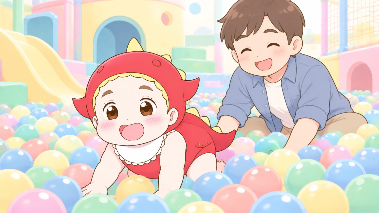 屋内遊び場のやわらかいボールの海で、ハイハイしながら笑う1歳の赤ちゃんと、そばで見守る父親